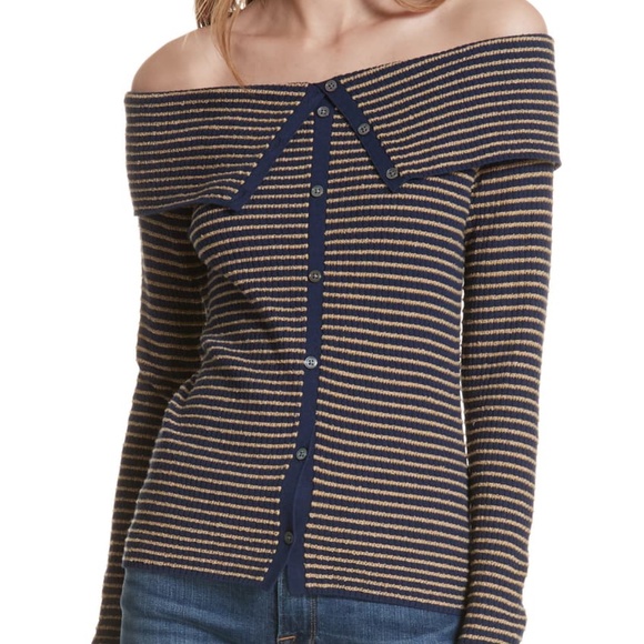 FRAME Striped Off-The-Shoulder Sweater, sz S - Picture 2 of 10